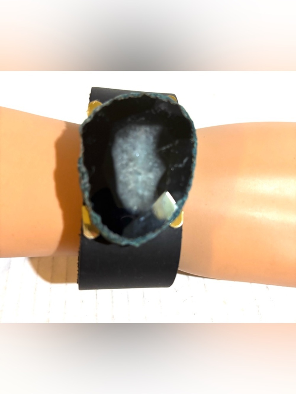 Black Leather Cuff Bracelet with agate Dark Blue Stone